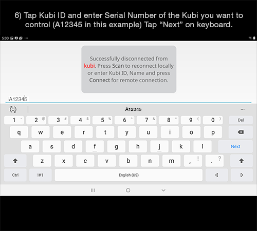 Kubi Connect App for Android screen 6: Tap Kubi ID prompt and enter Kubi ID 