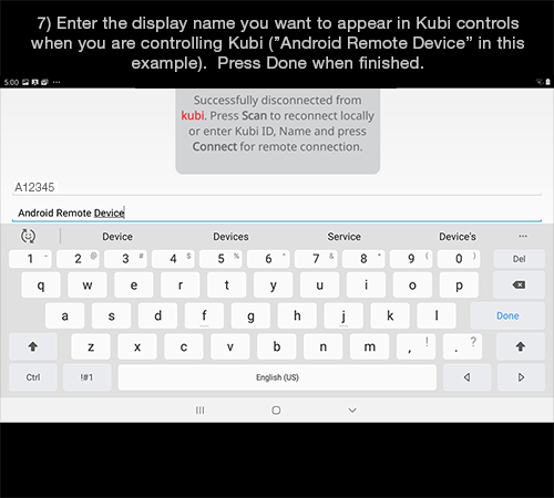 Kubi Connect App for Android screen 7: Tap Name prompt to enter a display name