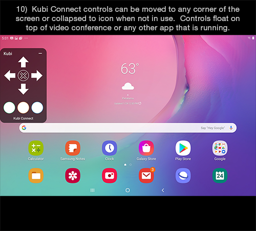 Kubi Connect App for Android screen 10: Tap Kubi icon to open Kubi controls. Controls appear as an overlay over other programs. 