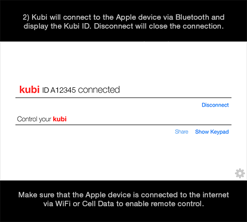 Kubi Connect App for iPad / iPhone screen 2: Kubi and iOS device connected, connecting to Kubi Servers over internet