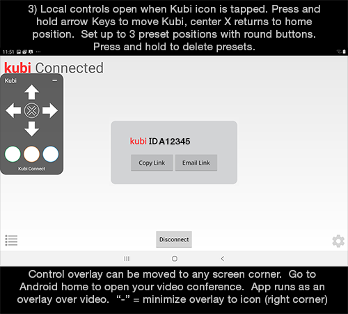 Kubi Connect App for Android screen 3: Tap Kubi icon for local Kubi controls