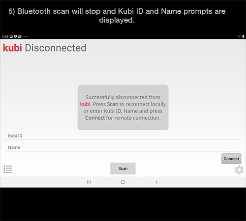 Kubi Connect App for Android screen 5: Kubi scan stops and shows Kubi Disconnected