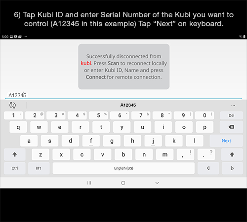 Kubi Connect App for Android screen 6: Tap Kubi ID prompt and enter Kubi ID to control