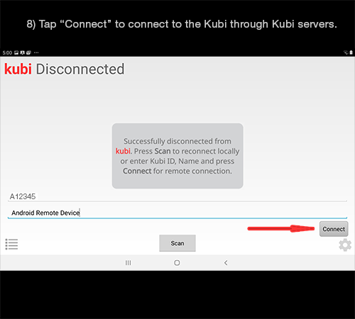 Kubi Connect App for Android screen 8: Tap connect button to connect to remote Kubi