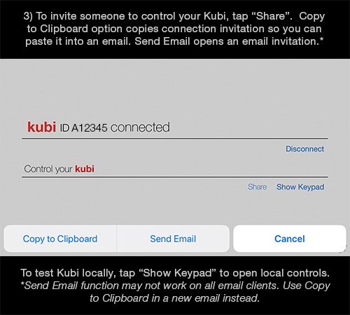 Kubi Connect App for iPad / iPhone screen 3: Bluetooth and Internet connected, serial number displayed, show keypad for local Kubi control 
